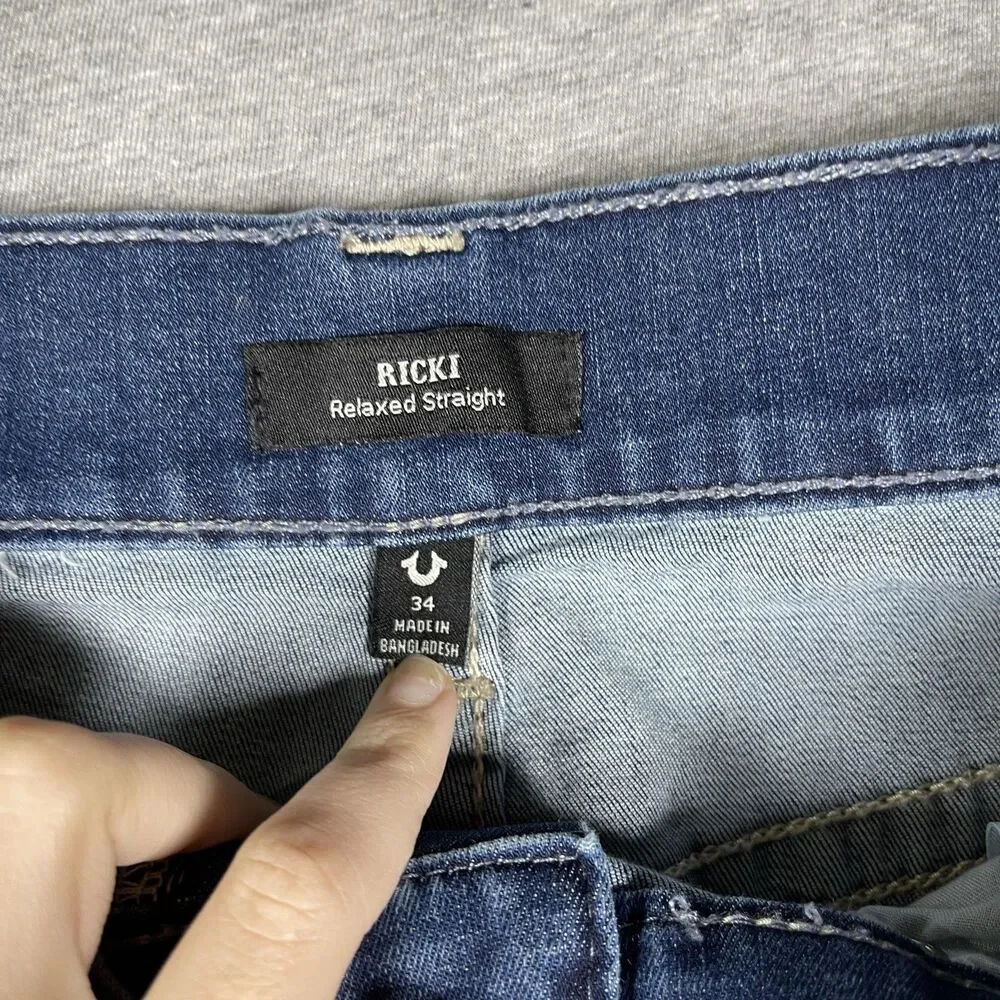 True Religion Jeans Mens 34 Blue Medium Wash Ricki Relaxed Straight Casual